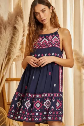 Aztec Embroidery Halter Dress