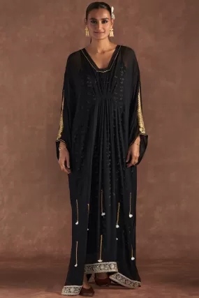 Black Gota Embroidered Kaftan With Slip