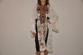 Vintage white Bedouin hand embroidered Silk Kimono dress, Collector's dress, Siwa hand embroidered dress